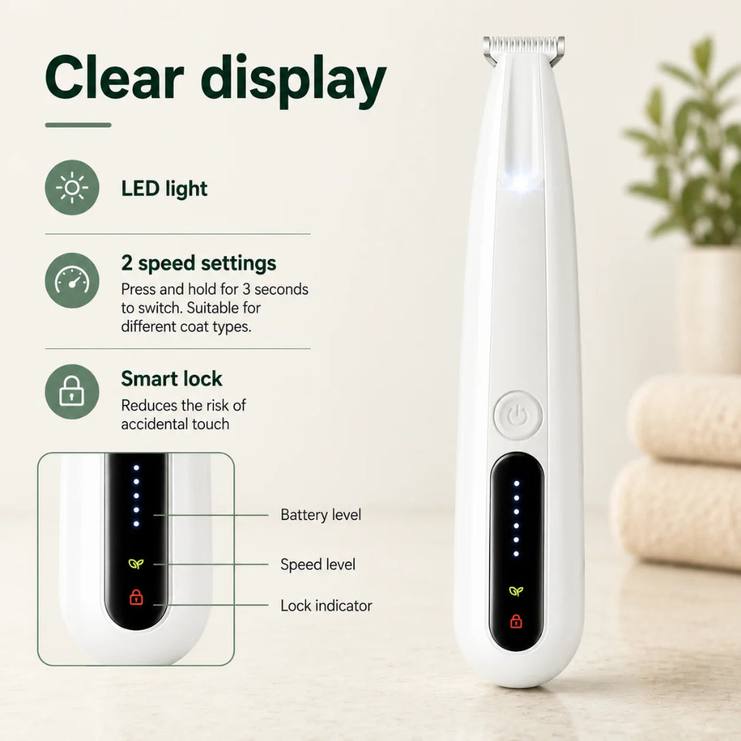 Close-up of a smart LED digital display on a pet trimmer showing battery levels, speed settings, and a safety travel lock.