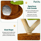 Close-up comparison showing the spacious plush cat condo and durable sisal rope scratching surface on a cat tower.