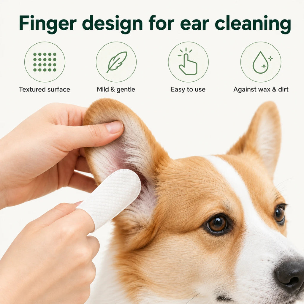 Close-up view of a corgi dog getting its ears cleaned with a textured, easy-to-use pet ear finger sleeve.