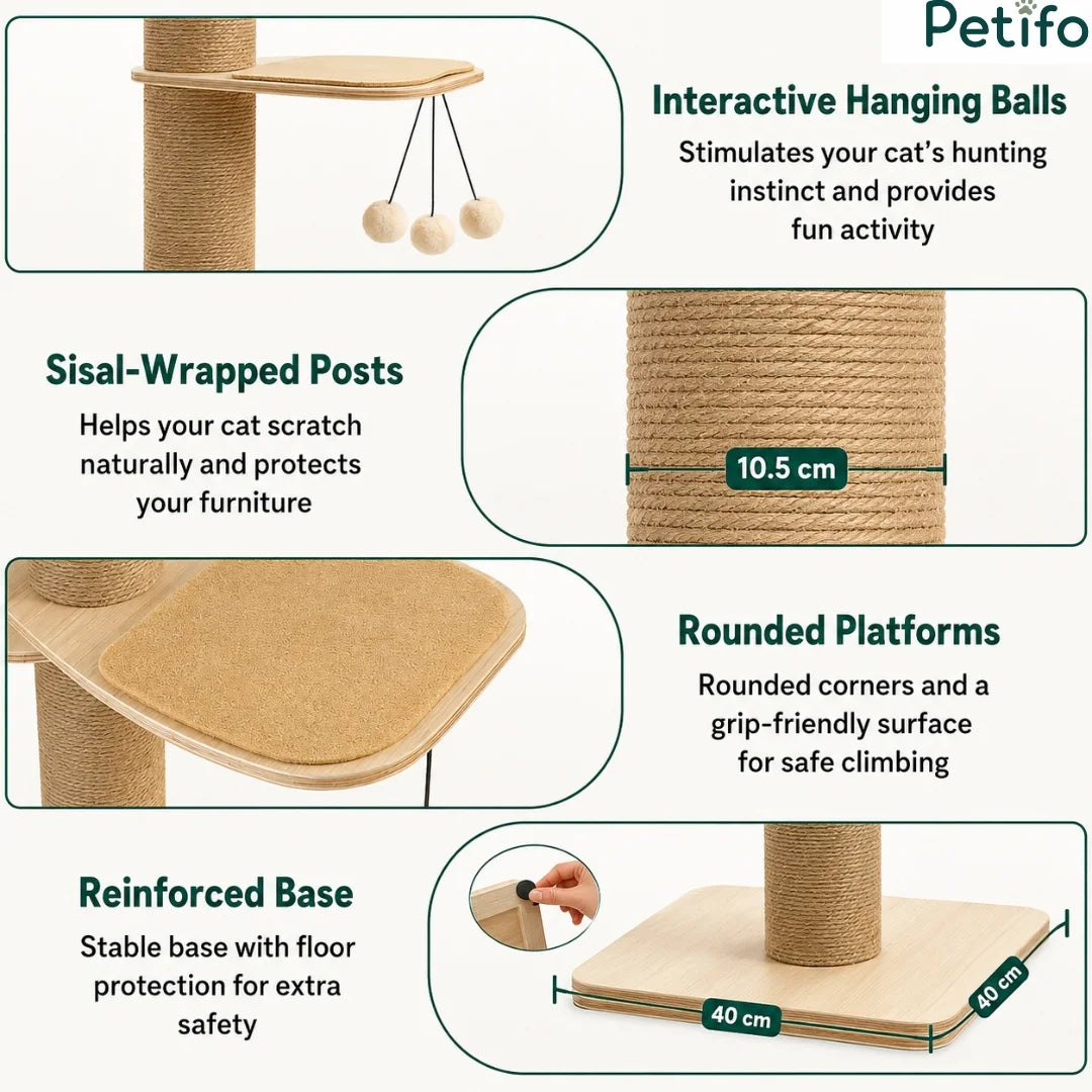 Close-up showing cat tree features like sisal posts and balls.