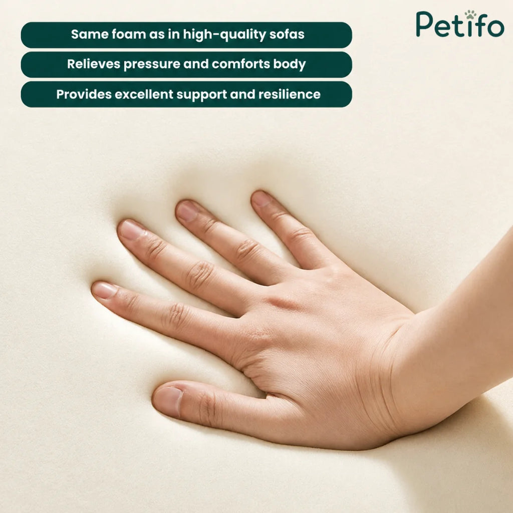 Close-up of a hand pressing into high-quality, pressure-relieving foam designed to provide excellent support and comfort for pets.