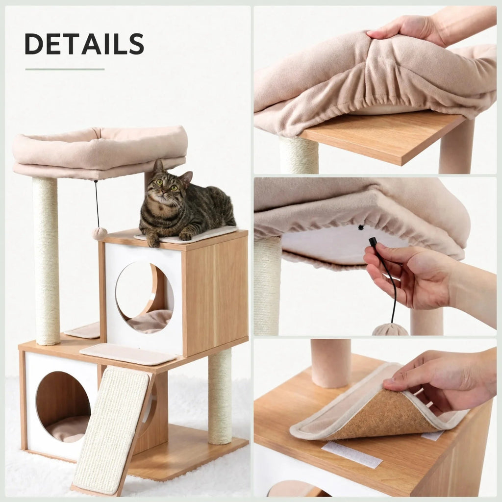 Close-up detail shots showing the plush assembly, adjustable top perch, and easy-to-use velcro attachments on a modern wooden cat tree.