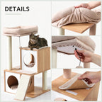 Close-up detail shots showing the plush assembly, adjustable top perch, and easy-to-use velcro attachments on a modern wooden cat tree.