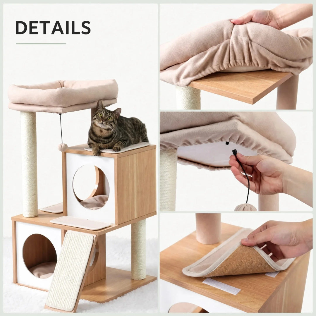 Close-up detail shots showing the plush assembly, adjustable top perch, and easy-to-use velcro attachments on a modern wooden cat tree.