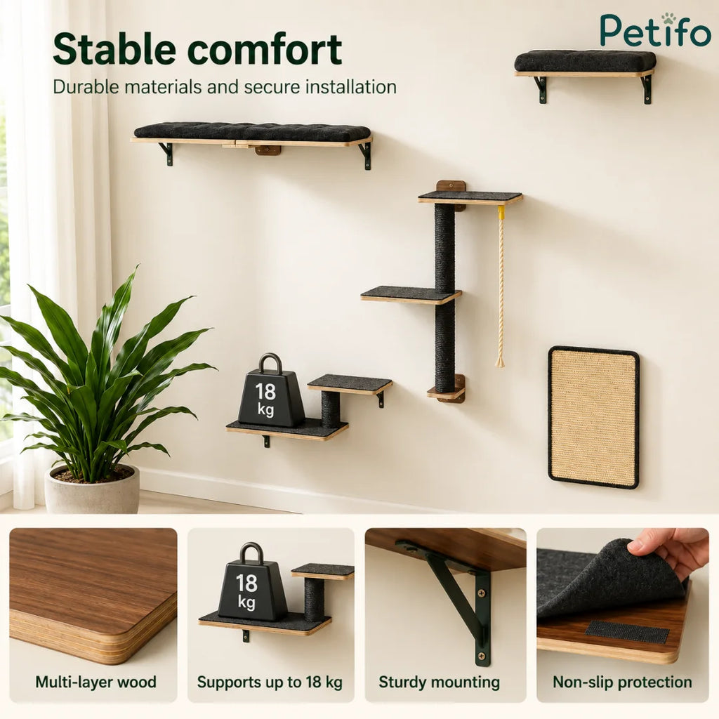 Close-up details of Petifo wall-mounted cat shelves showing high-quality wood, sturdy mounting, and non-slip protection.