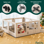 Close-up feature highlights of a wooden dog playpen with 3mm thick tempered glass and safety locks.