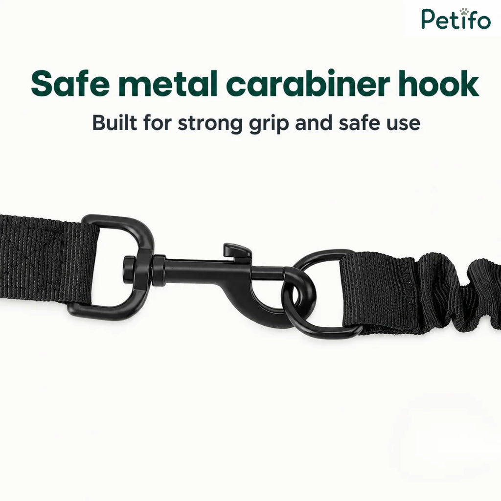 Close-up of a secure metal carabiner hook on the Petifo black bicycle dog leash.