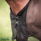 Close-up of the front chest area showing metal hook closures on a black horse fly sheet.