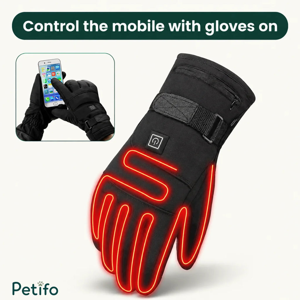 Close-up of the Petifo heated gloves demonstrating internal heating wire pathways winding through the fingers and back of the hand, alongside an inset showing a user operating a mobile phone.