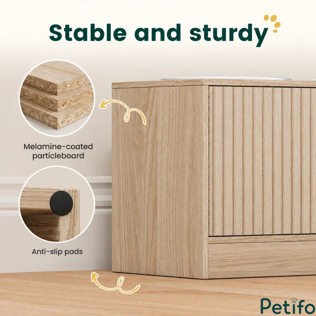 Close-up of a Petifo elevated dog feeding station featuring durable, melamine-coated particleboard construction and anti-slip pads for stability.