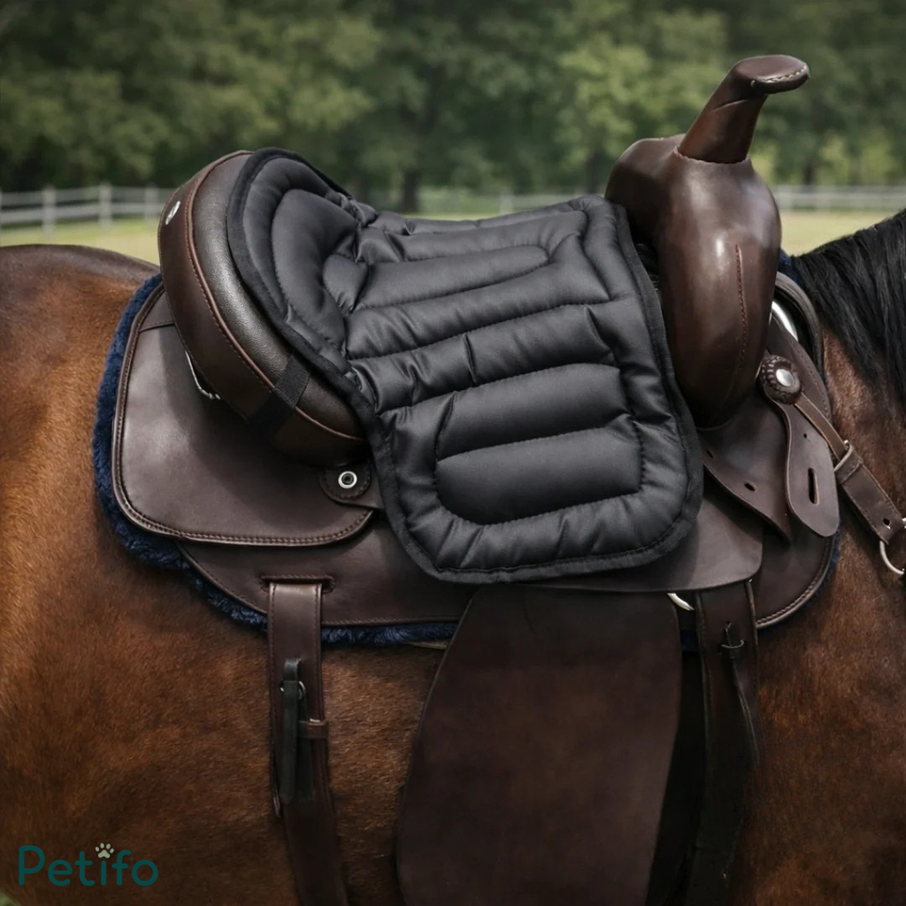 Close-up view of a black quilted saddle cushion placed on top of an English leather saddle.