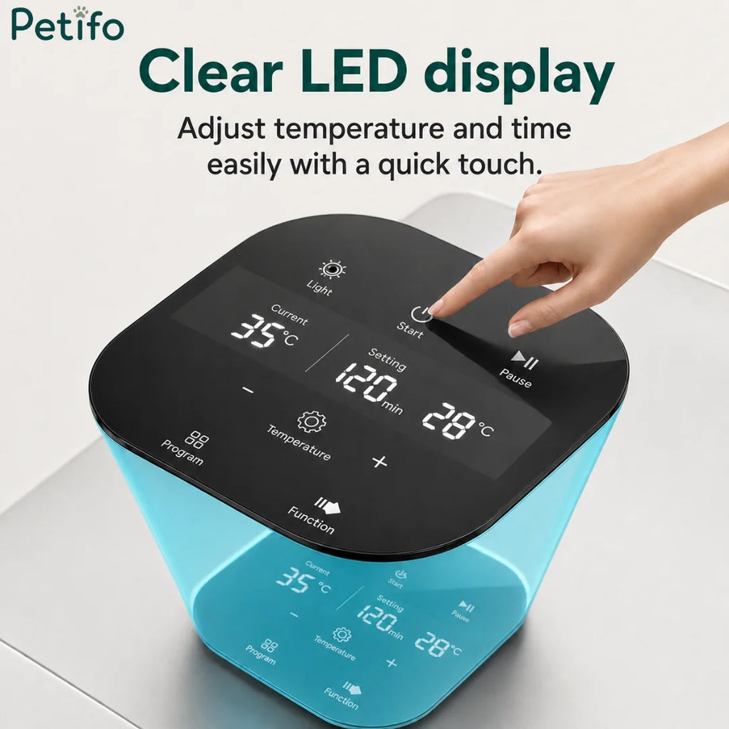 Close-up of an automatic pet dryer control panel with an easy-to-use LED display.