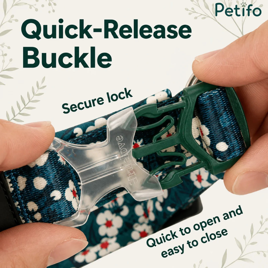 Close-up of the durable, easy-to-use quick-release buckle on a Petifo floral dog collar for secure daily use.
