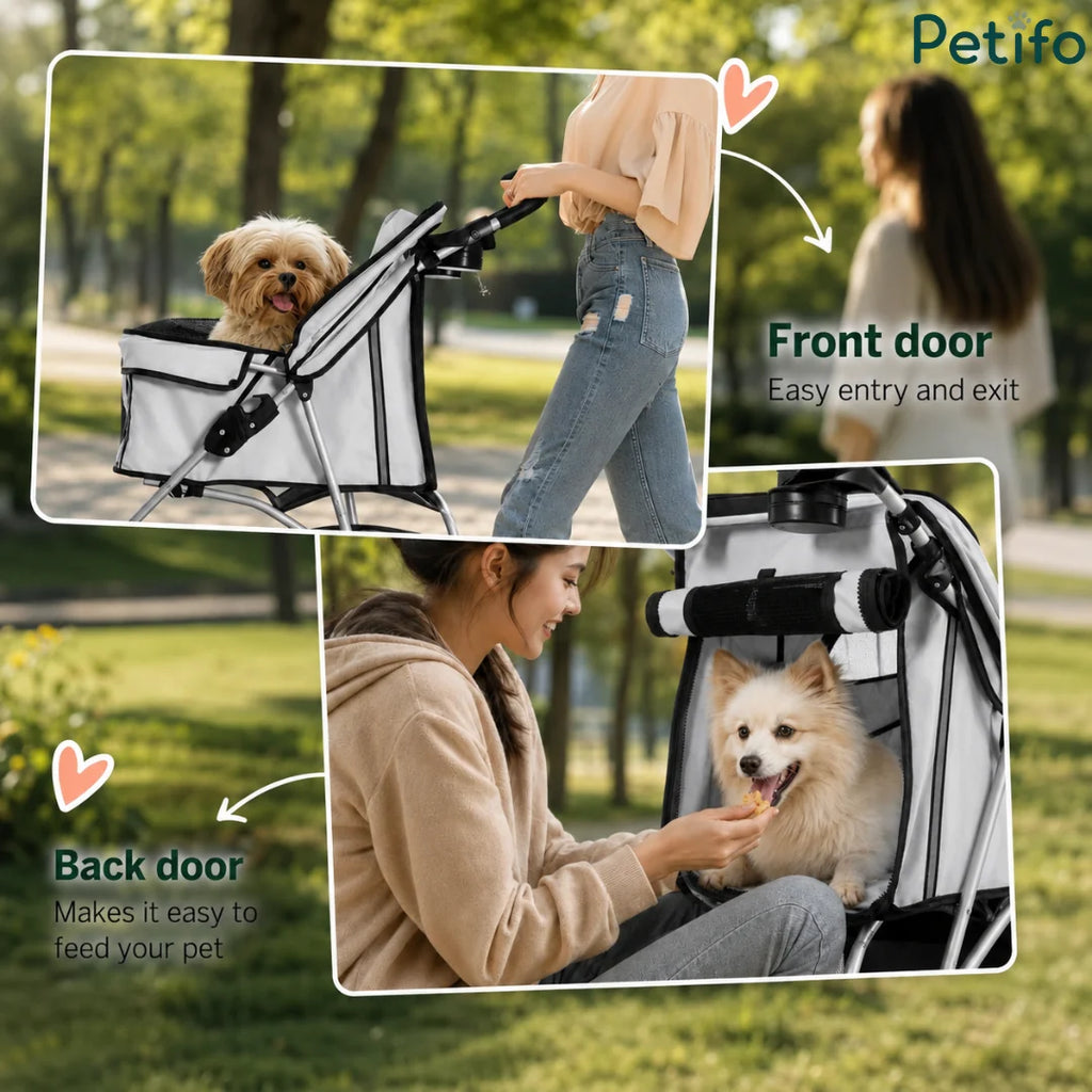 Close-up views of the Petifo pet stroller in use, demonstrating the front door for easy pet entry and the back door for convenient feeding.