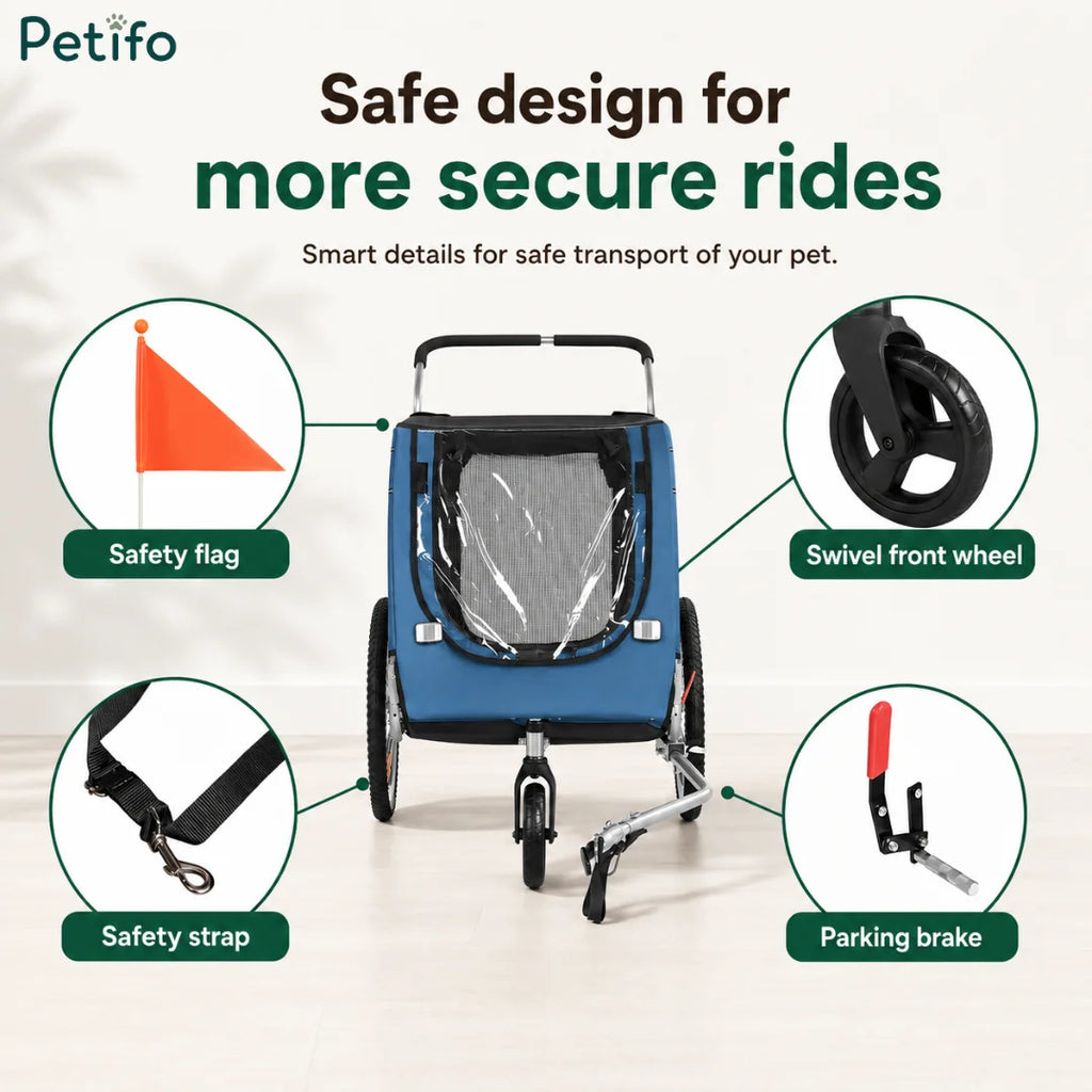 Close-up view of Petifo pet trailer safety features, including parking brake, swivel wheel, and safety flag.