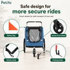 Close-up view of Petifo pet trailer safety features, including parking brake, swivel wheel, and safety flag.