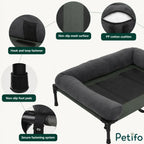 Close-up view of Petifo elevated dog bed components, including non-slip feet, secure fasteners, and a durable PP cotton cushion.