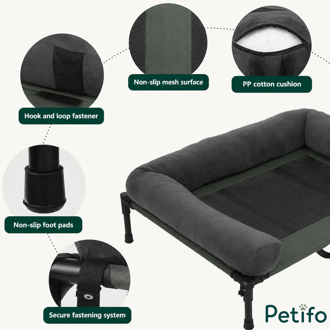 Close-up view of Petifo elevated dog bed components, including non-slip feet, secure fasteners, and a durable PP cotton cushion.