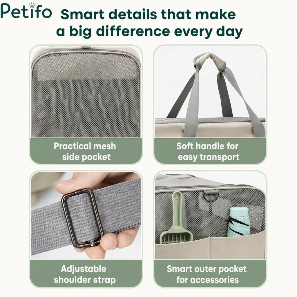 Close-up views of the smart features on a pet carrier, including mesh pockets, soft handles, and an adjustable shoulder strap.