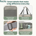 Close-up views of the smart features on a pet carrier, including mesh pockets, soft handles, and an adjustable shoulder strap.