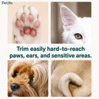 A multi-panel grid highlighting close-ups of animal paws, cat ears, a puppy's face, and fur for precision grooming.