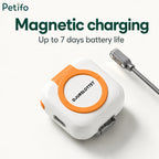 Close-up studio shot of the white and orange Petifo pet tracker next to its magnetic charging cable, which provides up to 7 days of battery life.