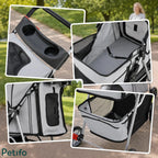 Collage showing Petifo stroller details including cup holder, interior leash, side ventilation, and bottom storage.