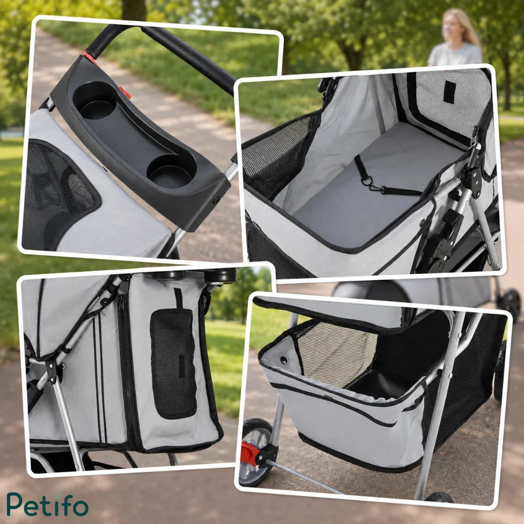 Collage showing Petifo stroller details including cup holder, interior leash, side ventilation, and bottom storage.
