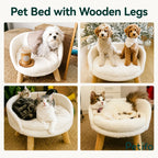 Collage showing various small dogs and cats relaxing on the versatile and stylish elevated wooden-leg pet bed.
