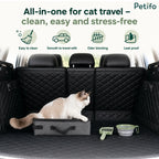 Portable collapsible cat litter box placed in the trunk of a car with a cat inside.