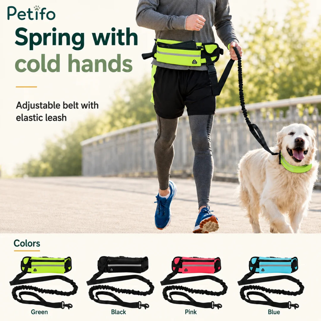 Display of a green running belt with an elastic leash and color variations including green, black, pink, and blue.