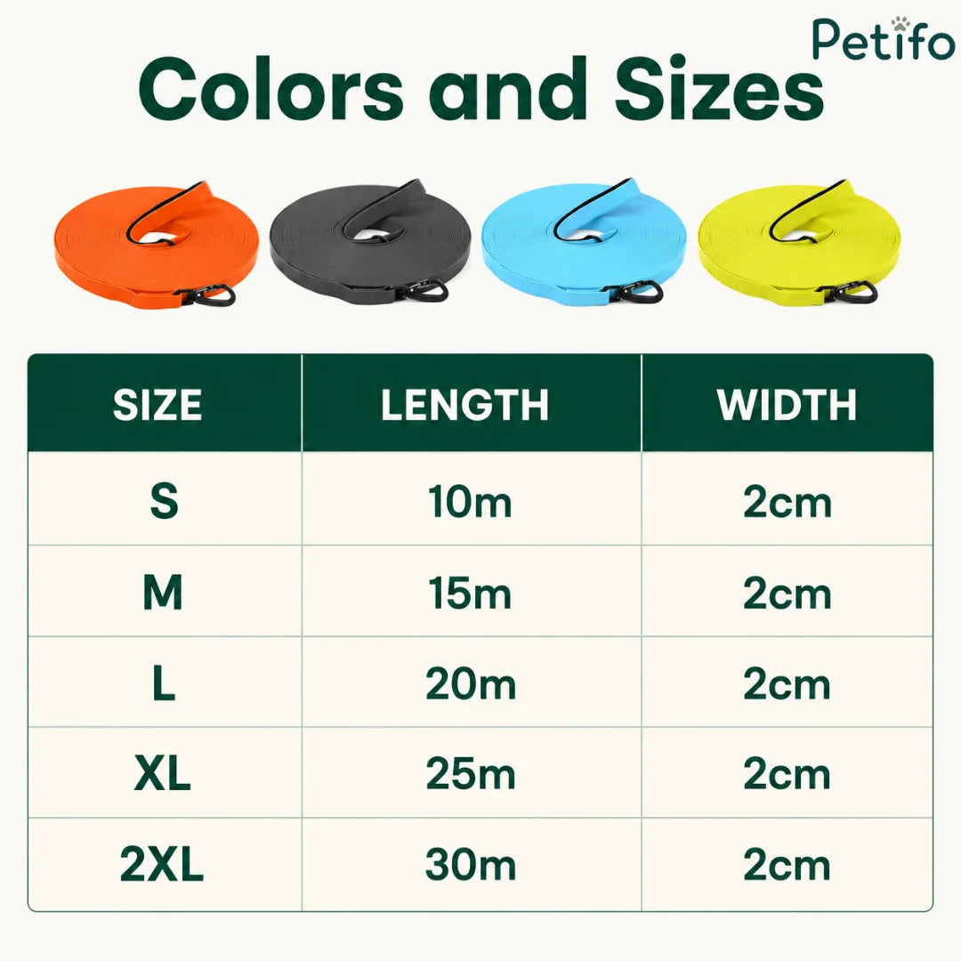 Color and size chart displaying options from Size S (10m) to 2XL (30m) with a uniform 2cm width across orange, black, blue, and yellow variants.