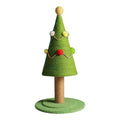 Green sisal Christmas tree cat scratching post with colorful pom-pom ornaments on an isolated white background.
