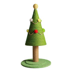 Green sisal Christmas tree cat scratching post with colorful pom-pom ornaments on an isolated white background.