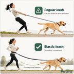 Comparison infographic illustrating how a regular leash strains the body while an elastic leash provides comfortable, smoother movement.
