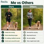 Comparison graphic showing the benefits of comfortable hands-free running versus traditional single-hand dog walking.
