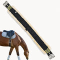 Comfortable fleece-lined horse girth shown with a saddle on a horse.