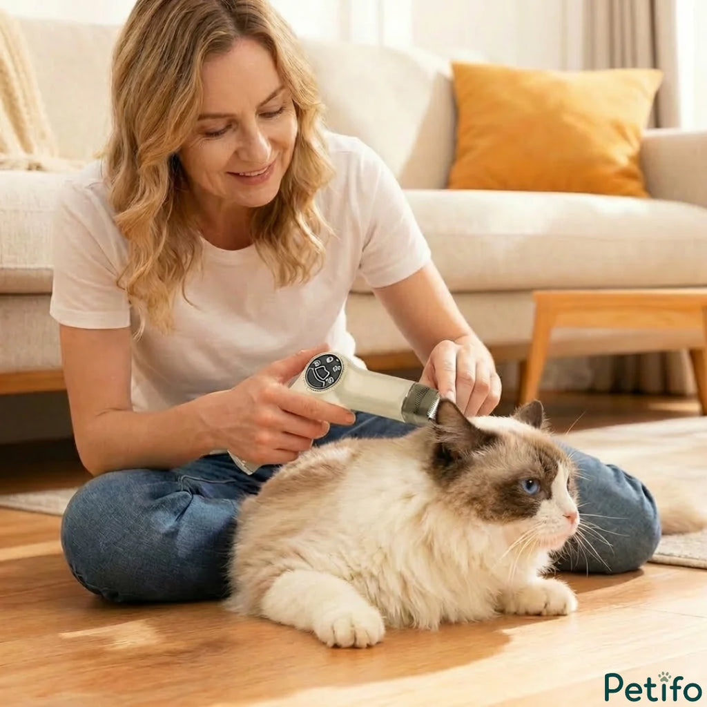 Woman comfortably using a compact cordless pet trimmer to groom a cat's ear area at home.