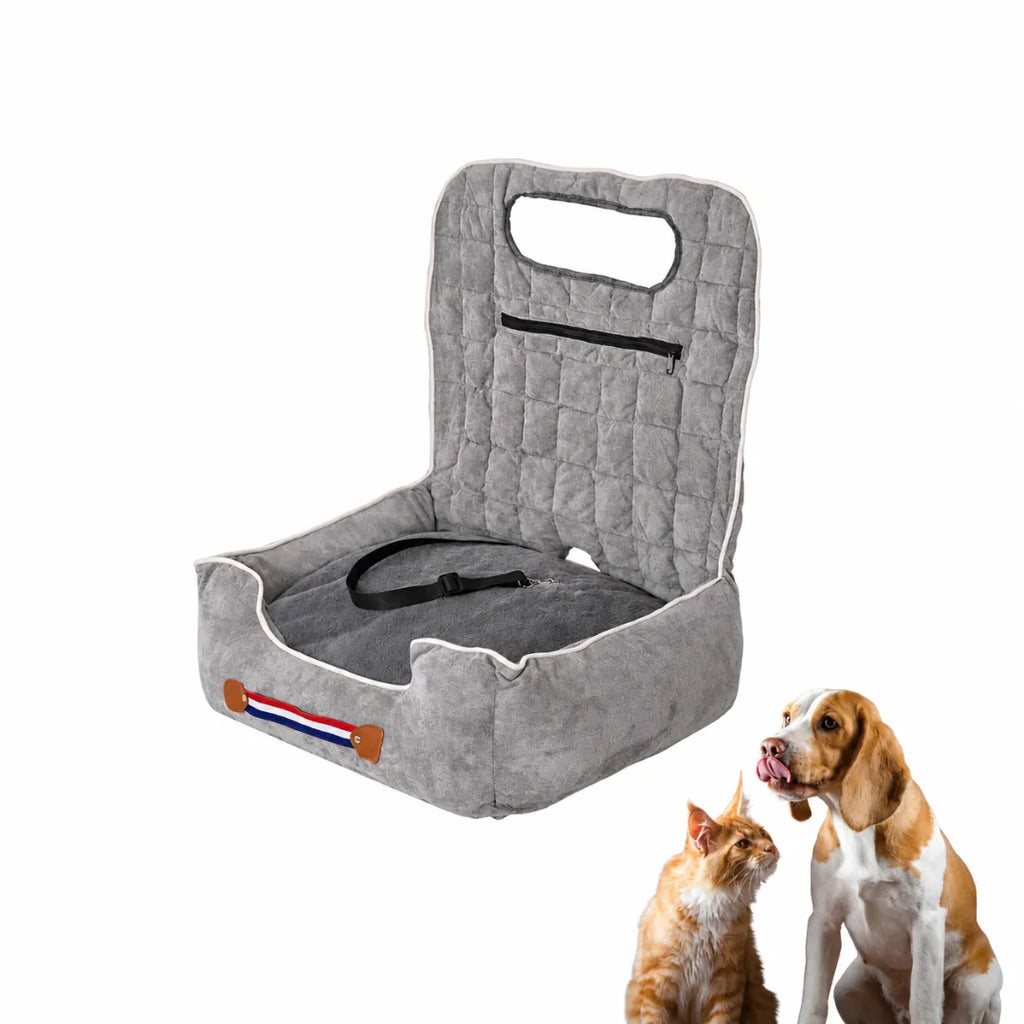 The Petifo pet car seat displayed alongside a dog and a cat, showcasing its design as a comfortable and secure travel bed for pets.