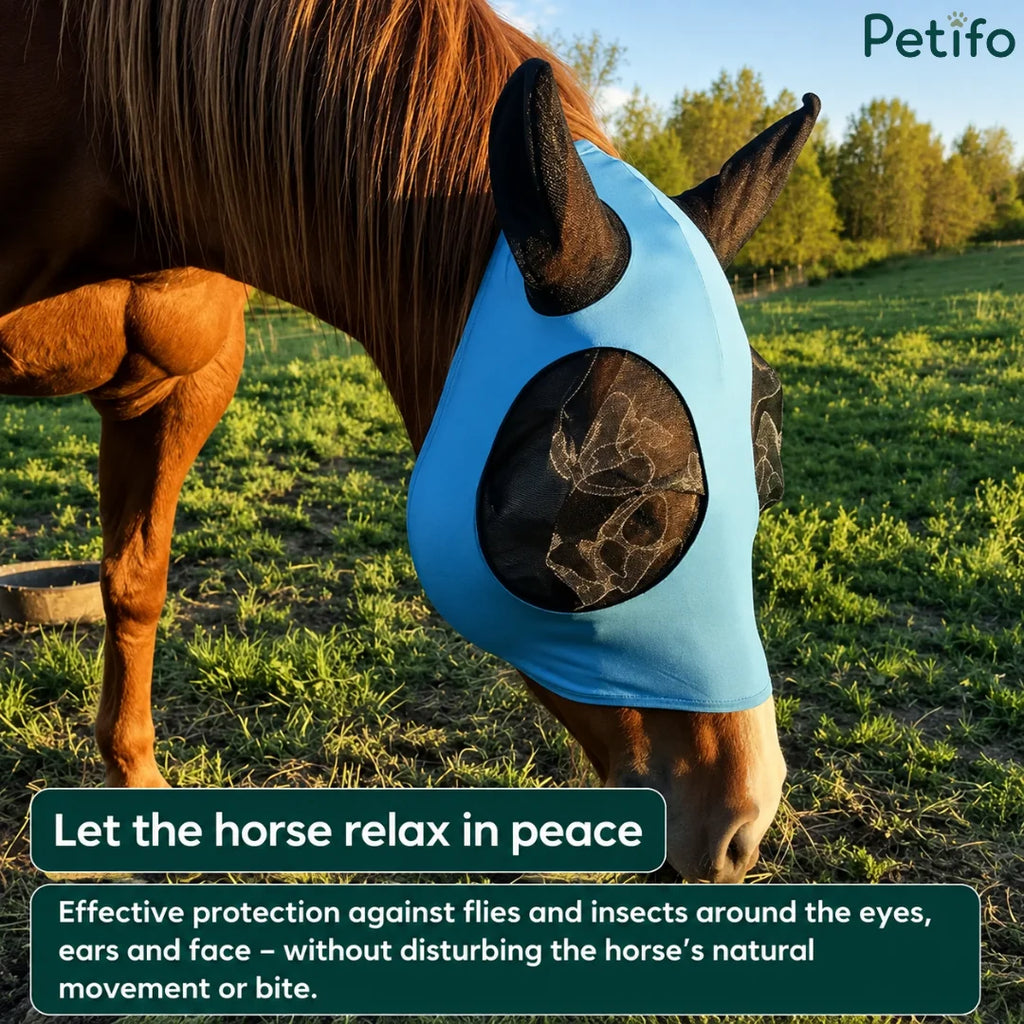 Blue horse fly mask providing comfortable pasture protection against flies and biting insects.