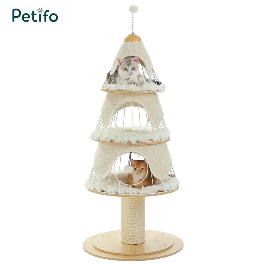 A cream-colored, three-tier cat condo designed like a Christmas tree, providing comfortable resting platforms for two cats.