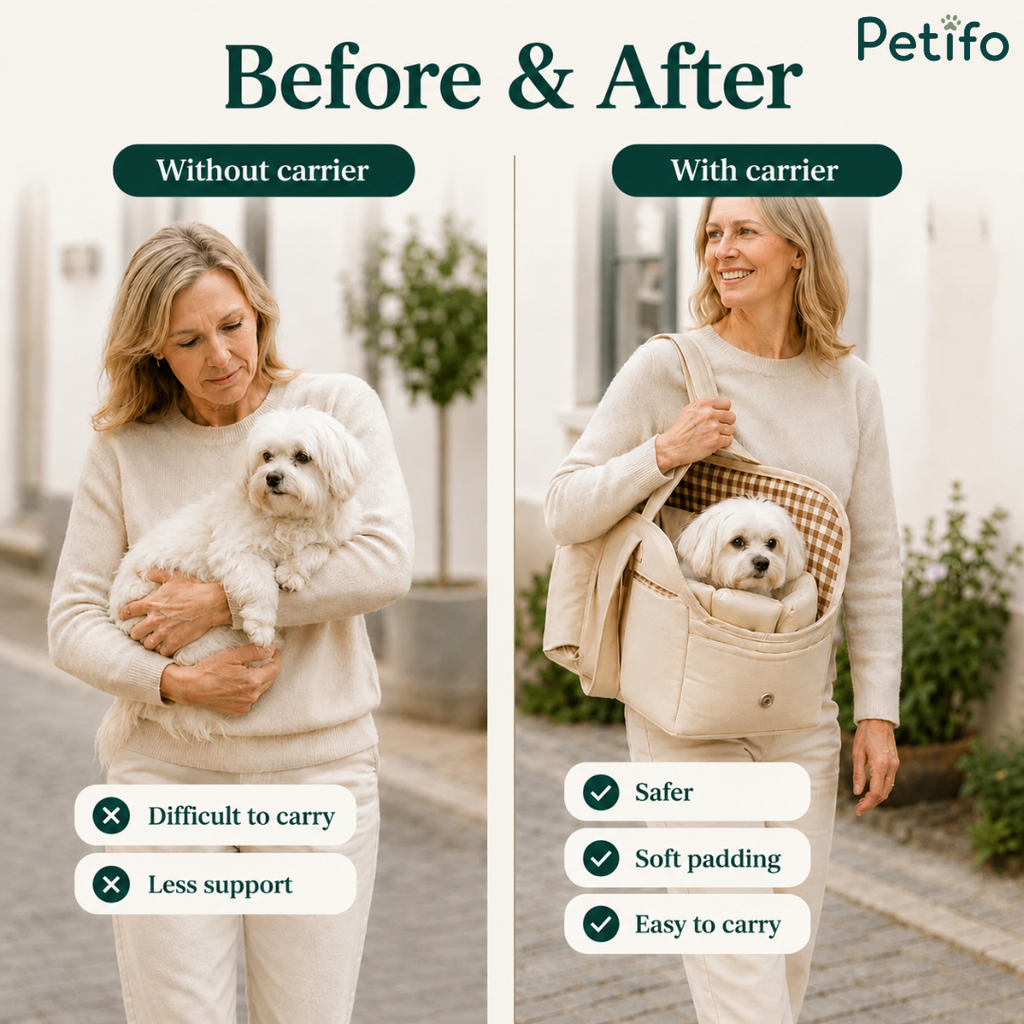 A before-and-after comparison graphic showing a woman holding a small white dog in her arms ("Without carrier": difficult to carry, less support) versus walking comfortably with the beige Petifo pet carrier ("With carrier": safer, soft padding, easy to carry).