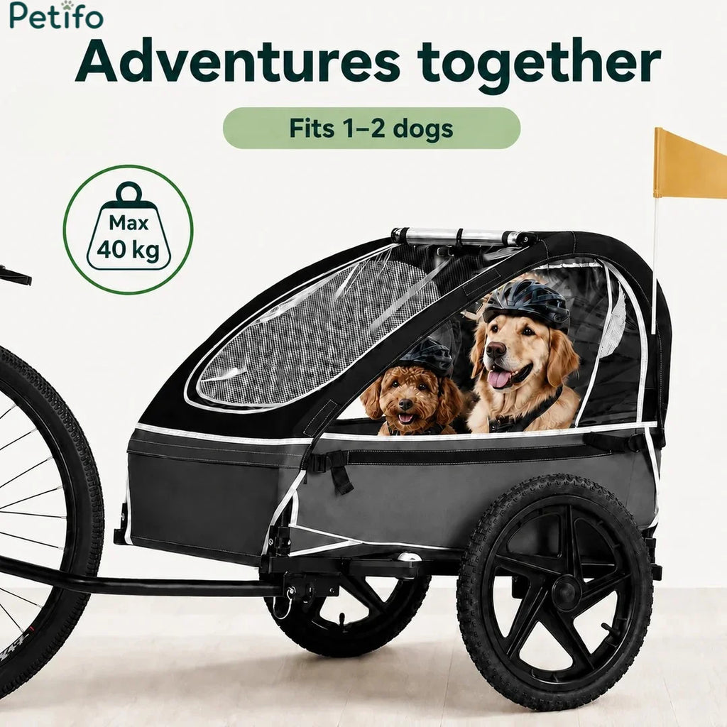 A sturdy pet bike trailer with a 40 kg weight capacity designed to comfortably carry two dogs during cycling adventures.
