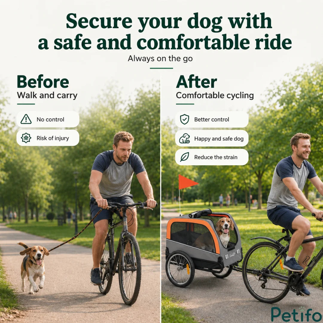 Before-and-after safety comparison showing a dog running alongside a bicycle versus riding comfortably inside the enclosed trailer.