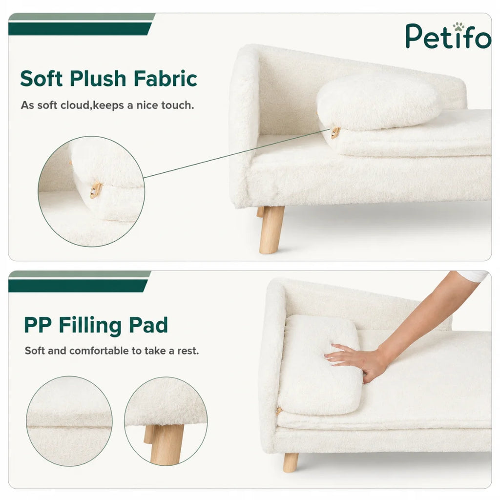 A premium white, plush pet sofa with wooden legs, designed for comfort and style.