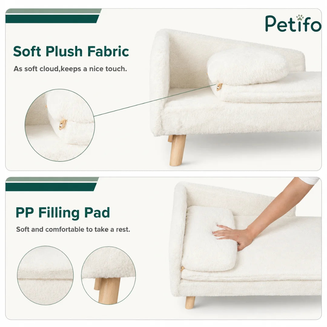 A premium white, plush pet sofa with wooden legs, designed for comfort and style.