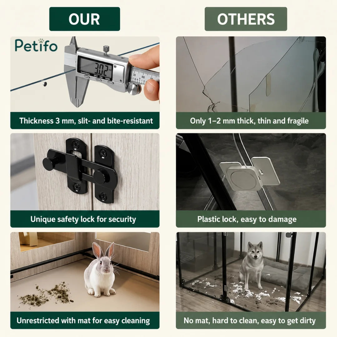 Comparative infographic showing the durability of thick tempered glass and secure metal locks in our pet pen.