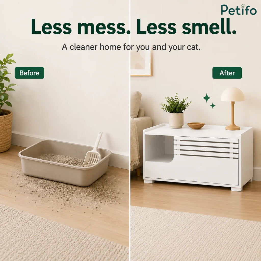 A comparative graphic showing a "Before" state with an exposed cat litter box creating a mess, and an "After" state using the Petifo cabinet for a cleaner, odor-free home.