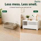 A comparative graphic showing a "Before" state with an exposed cat litter box creating a mess, and an "After" state using the Petifo cabinet for a cleaner, odor-free home.