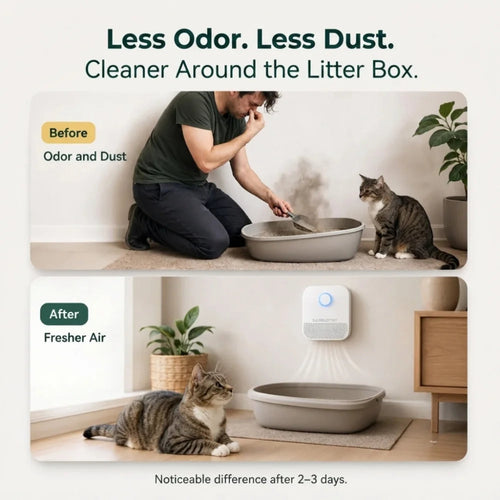 Comparison image showing cleaner, fresher air around the litter box after using the purifier.
